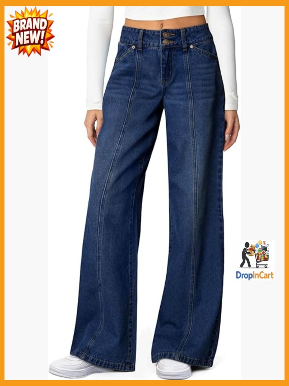High Waisted Wide Leg Jeans Stretchy Straight Leg Seamed Front Denim Pants